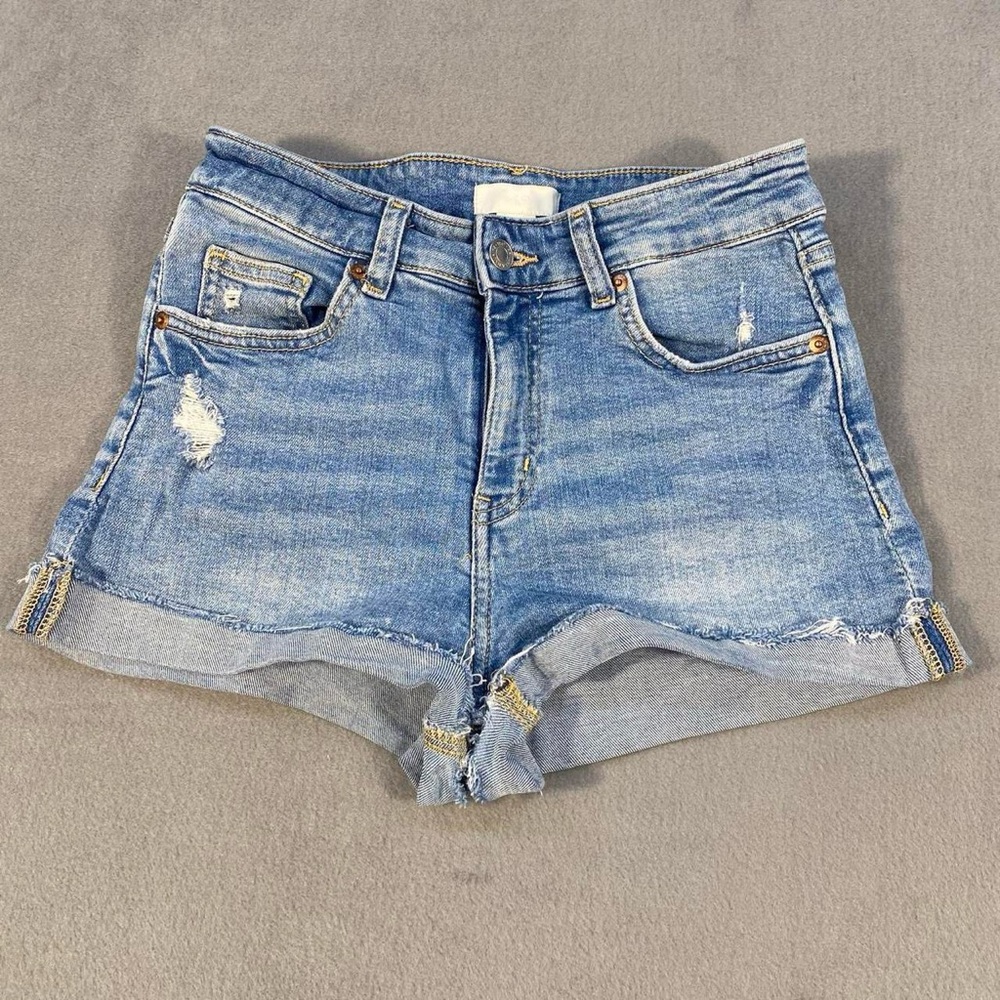 H&M Women’s Blue Distressed Denim Shorts, high rise, 1” inseam, size 6
